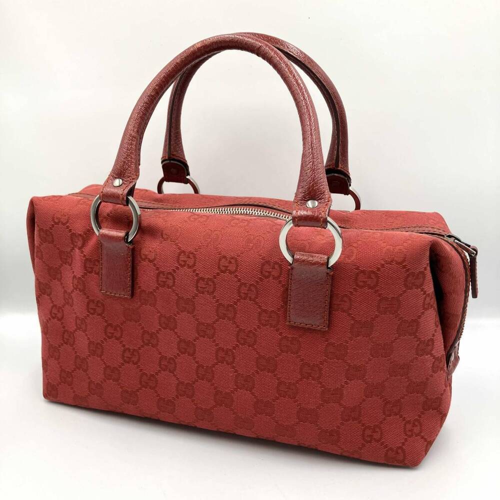 GUCCI GG Canvas Tote Handbag Boston Bag Red Leather